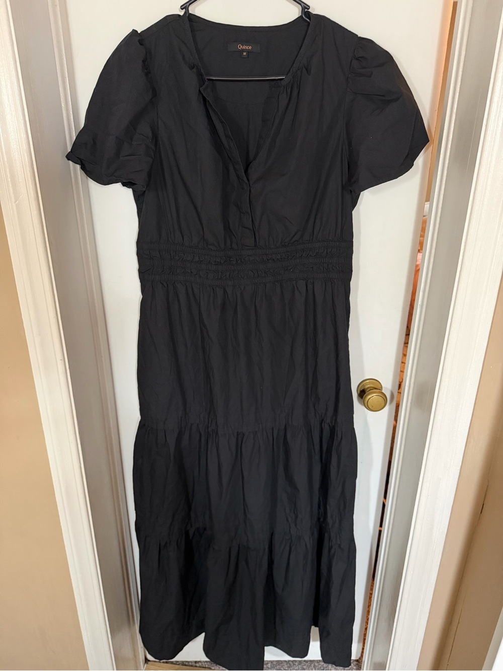Quince Organic Cotton Black Tiered Short-Sleeve Maxi Dress